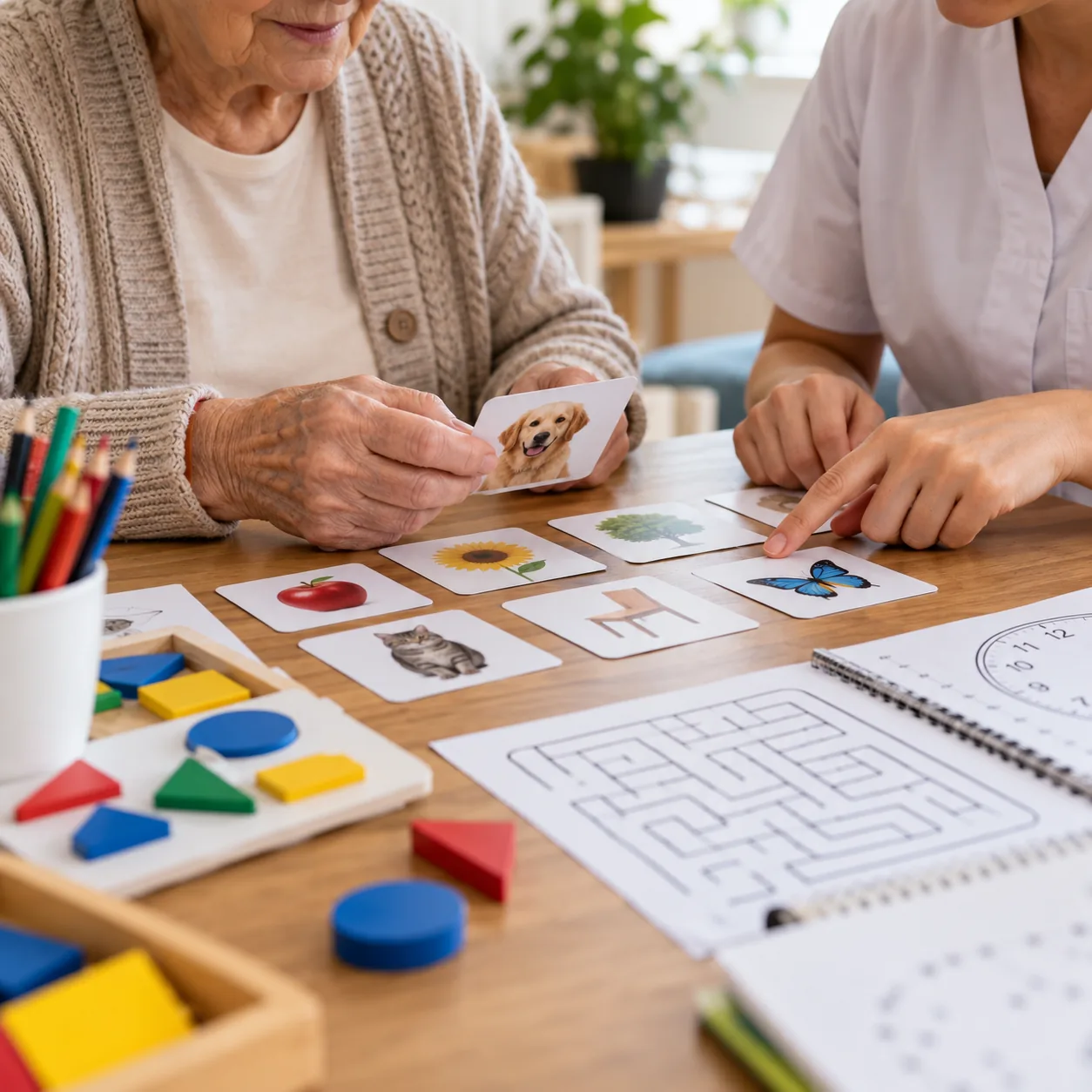 Actividad de estimulación cognitiva con tarjetas sobre una mesa
